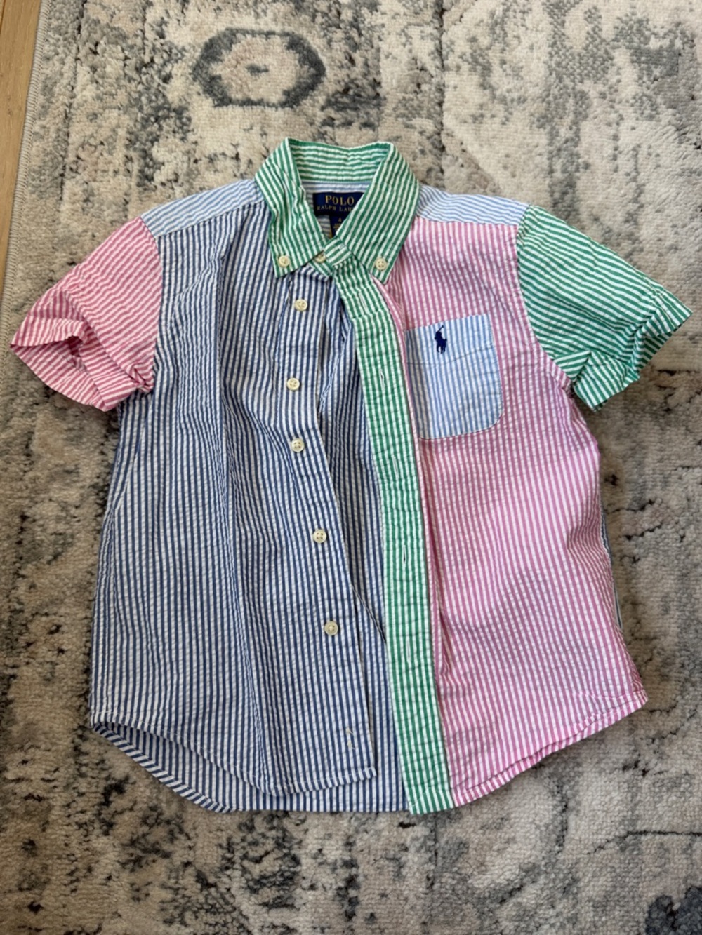 Polo by Ralph Lauren Boys' Blue Pink Green Striped Seersucker Button-Down Shirt
